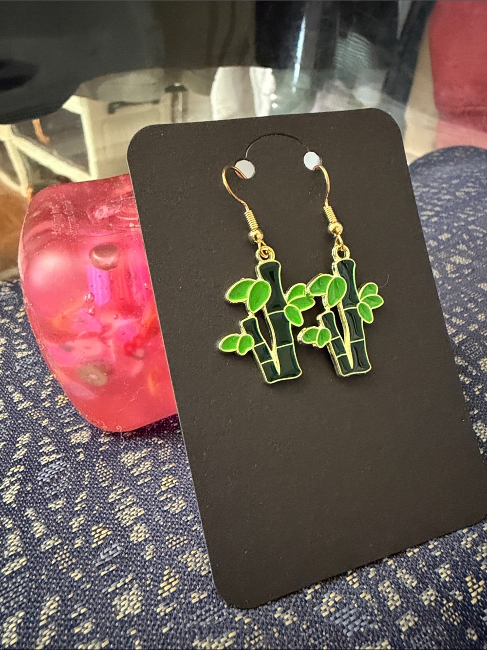 Green Bamboo Plant Enamel Drop Earrings - Gold Hooks